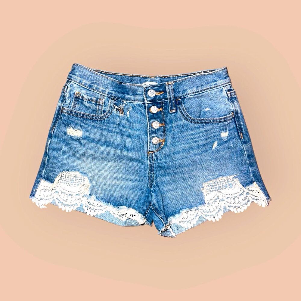 Old Navy Girls High Rise Cut Off Denim Shorts Lace Trim Button Fly Size 12